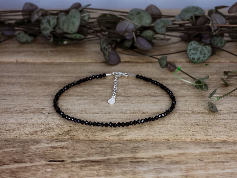 Black Tourmaline Dainty Tiny 2mm Bead Crystal Boho Healing Anklet for Women Gift
