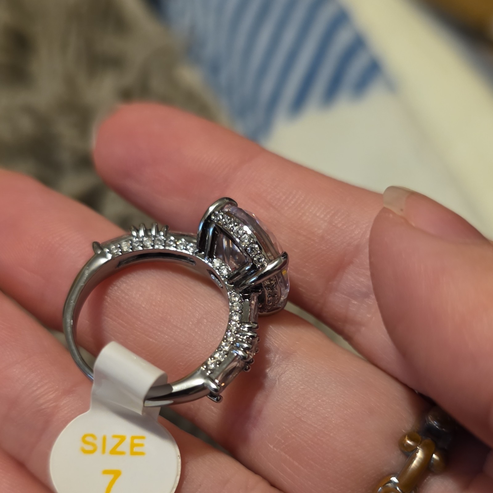 Size 7 Round White Cubic Zirconia Solitaire Halo Prong Ring Hematite Plt