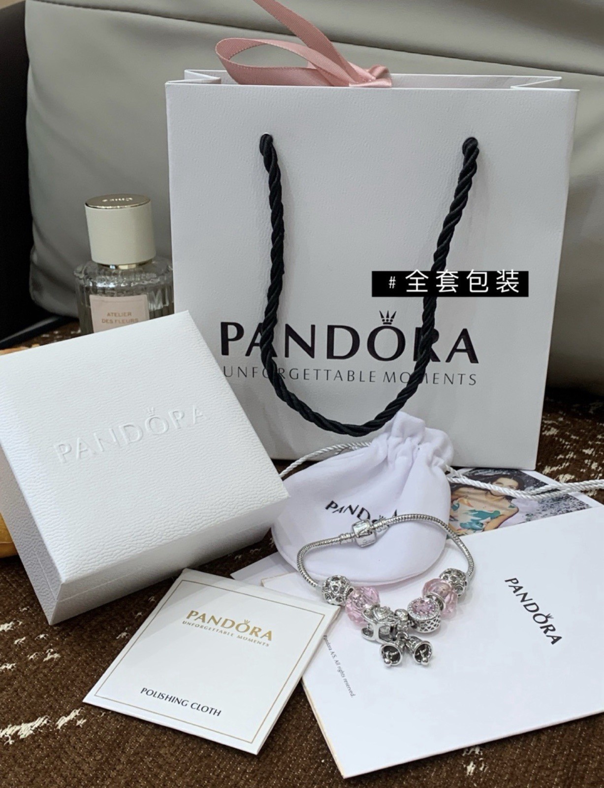 PANDORA Snake Chain Charm Bracelet Silver Pink Dangle Charms w/ Packaging