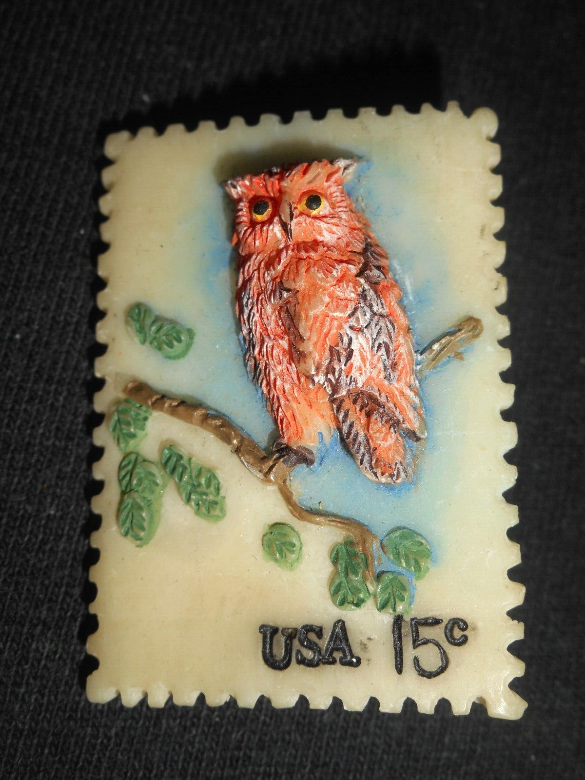Resin Plastic Owl 15 Cent Postage Stamp Pin Sitting On Tree Limb 1 1/2″ x 1″