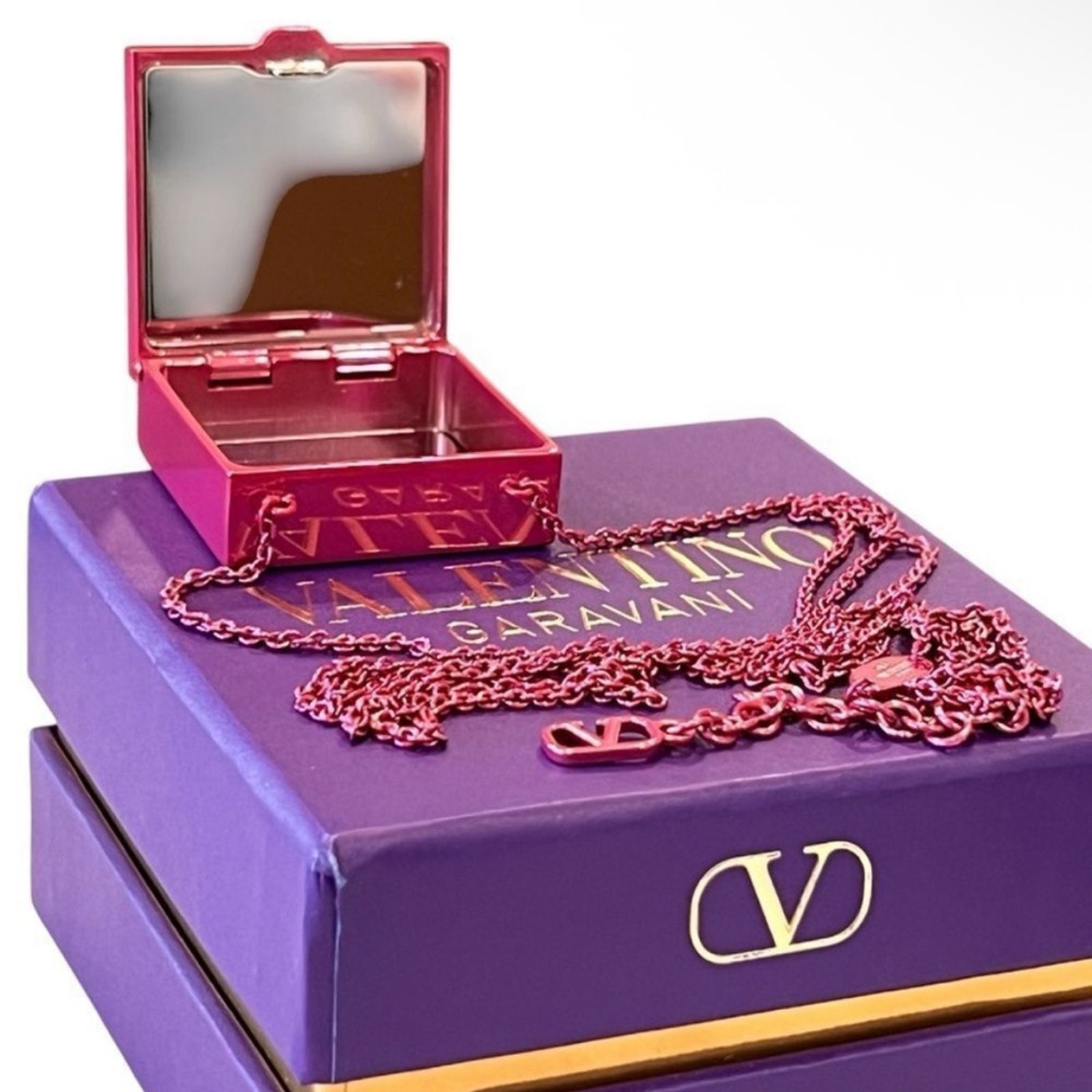 NWT Valentino Garavani Rockstud Mirror Box Necklace Pink PP $790 Retail
