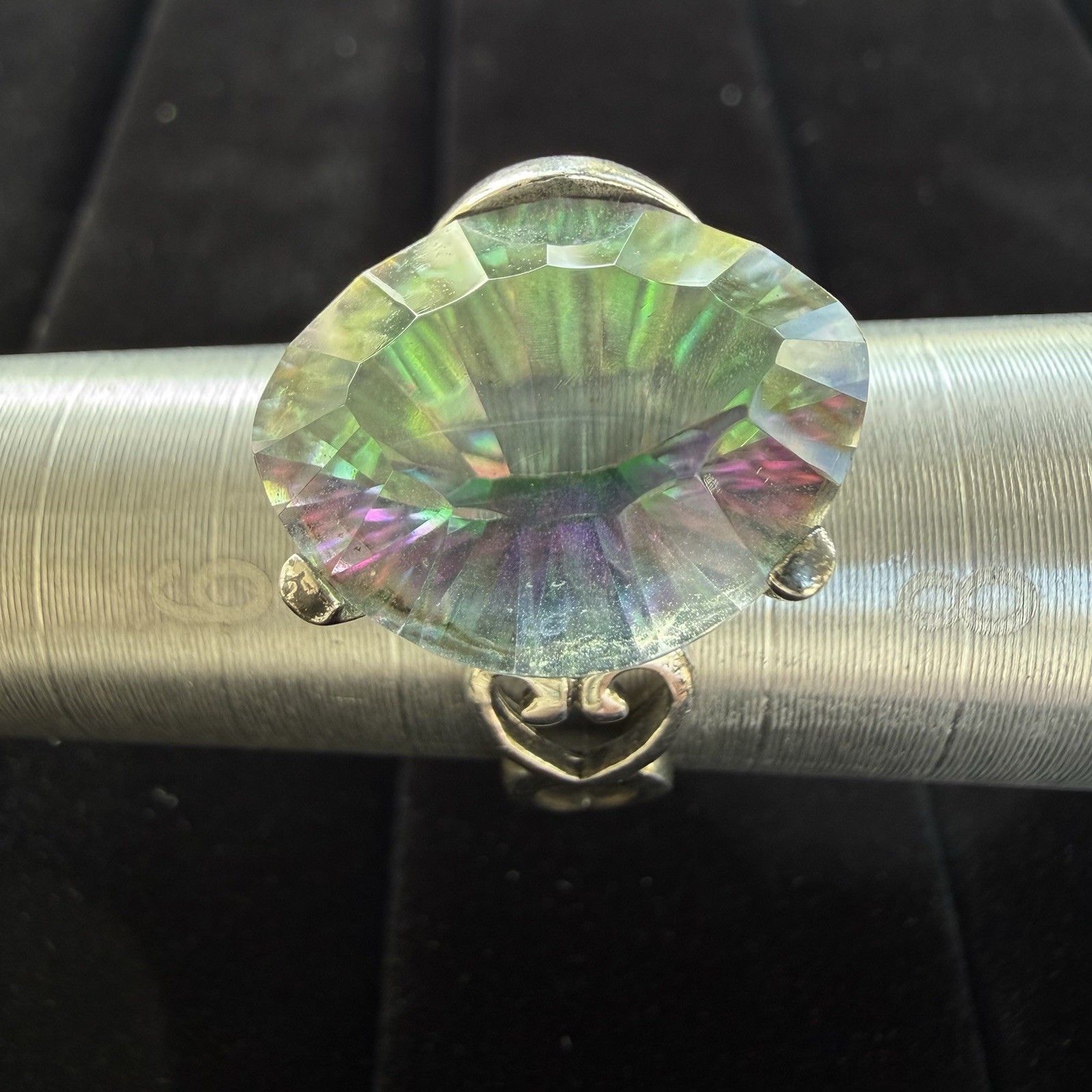 LUCCN Sterling Silver Floral Shank Large Oval Brilliant Mystic Topaz Ring Size 7