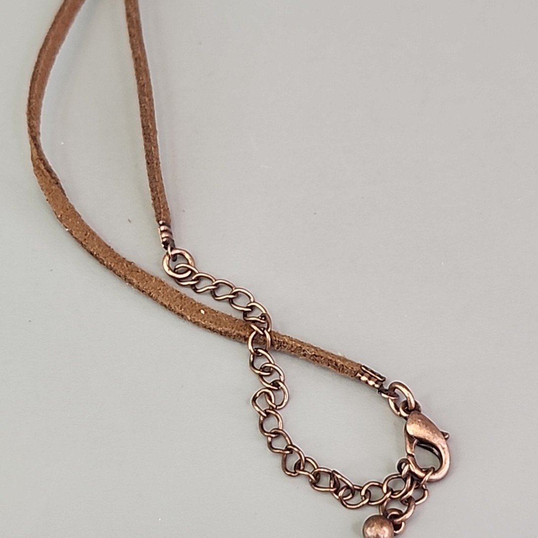Art Nouveau Revival Pendant Necklace Speckled Oval Brown Suede Cord 20″