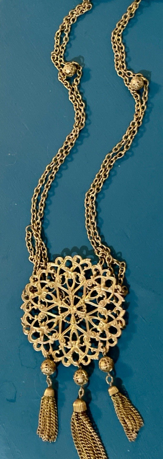 Unique Gold Tone Filigree Medallion Pendant Necklace w Tassel Fringe Boho 24”