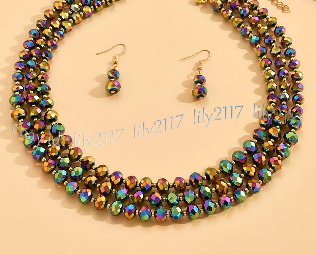 3 Rows Faceted Multicolor Crystal Rondelle Beads Necklace Earrings Jewelry Set