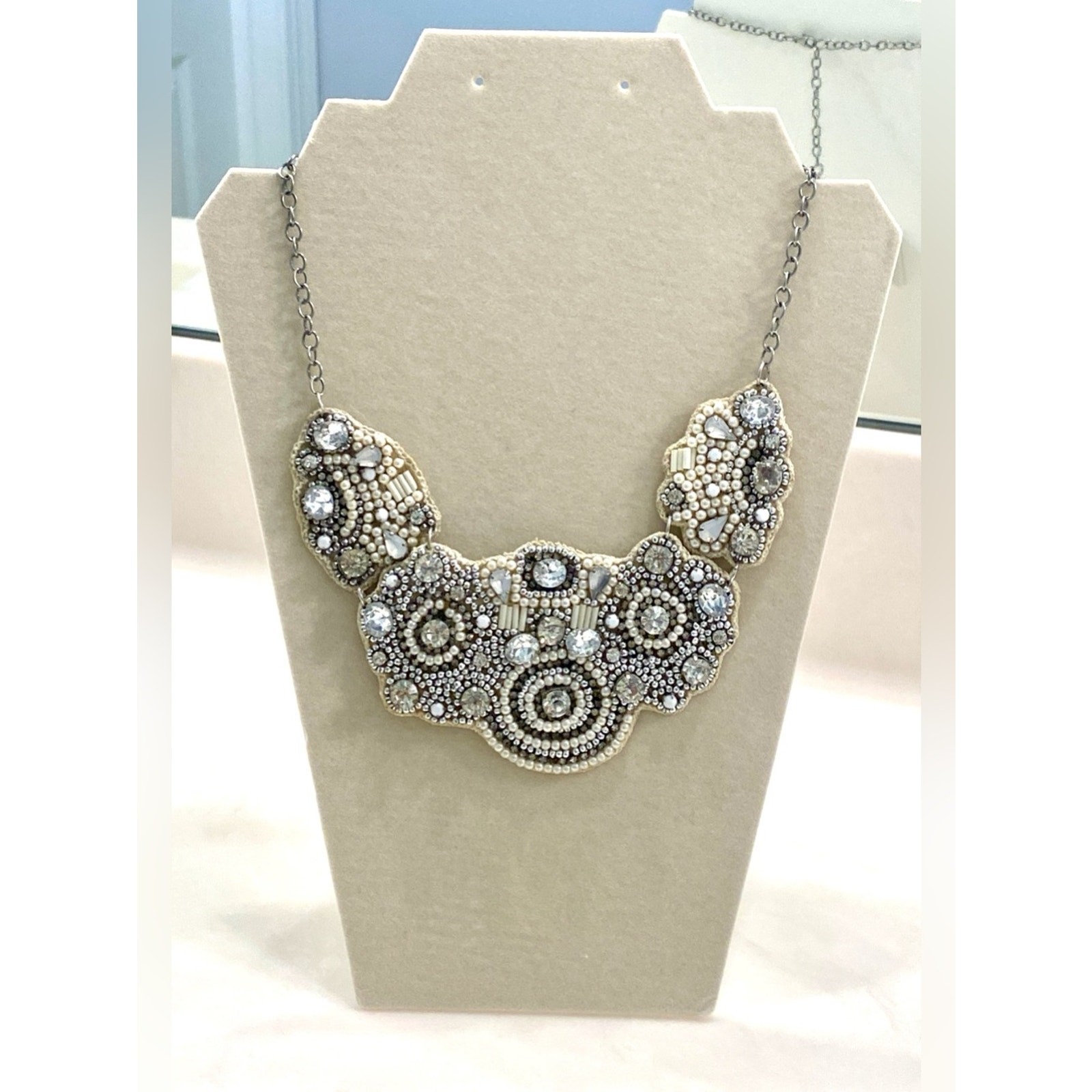 Unique Vintage Cream and Silver Beaded Bib Necklace