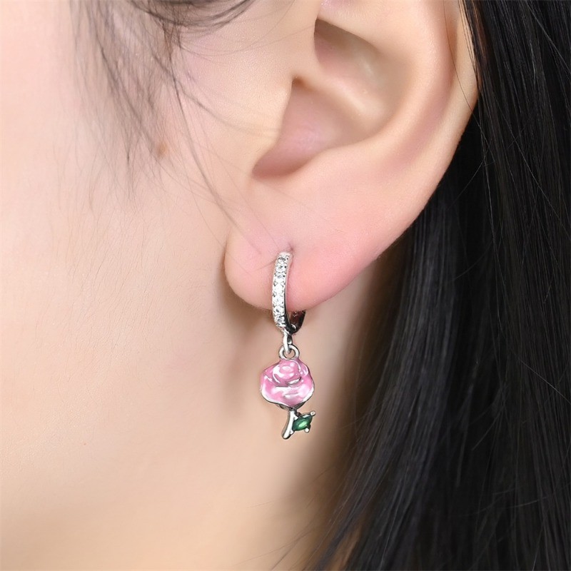 PANDACH 925 Sterling Silver Pink Rose Drop Earrings For Women Hoops Jewelry Gift