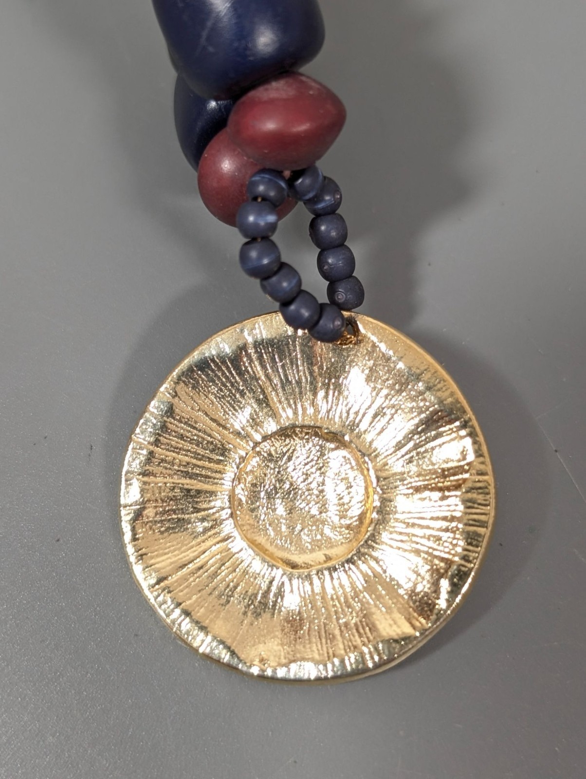 Retro Tribal Medallion Blue Red Green Multi Cord Gold Tone Necklace 18″
