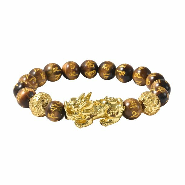 Pixiu Feng Shui Yellow Tigers Eye Carved Beaded Bracelet Gold Dragon Size 6.5″