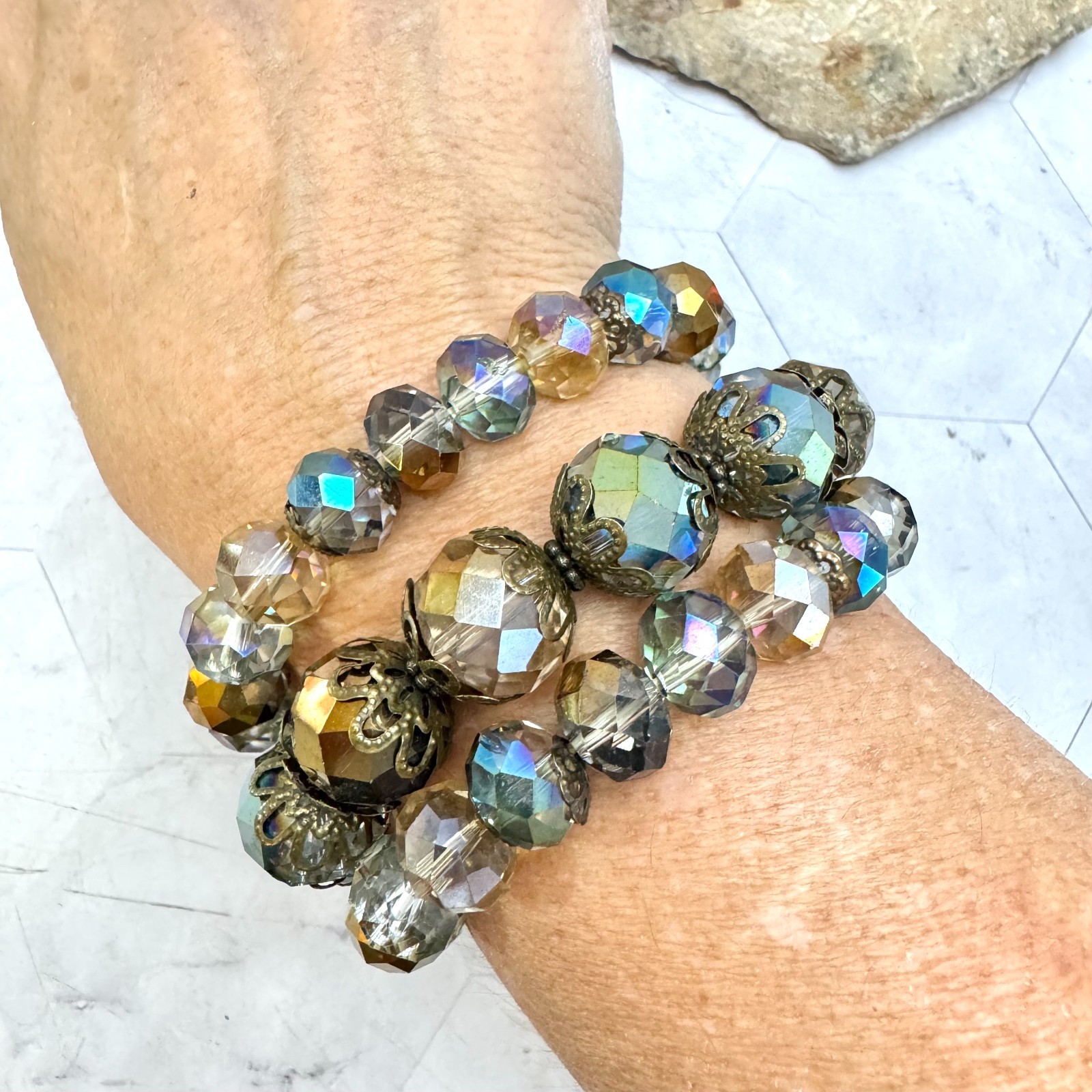 Set of 3 Aurora Borealis Stretch Bracelets Faceted Glass AB Beads Slip On