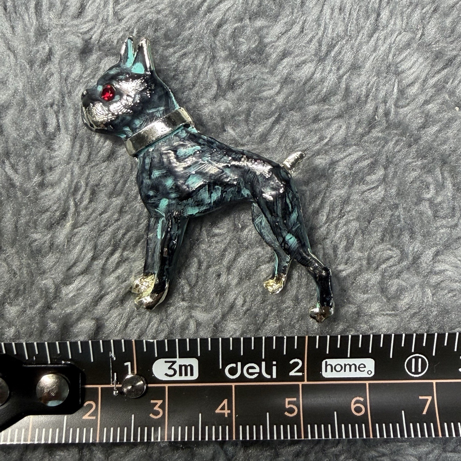 Enamel Dog Brooch Pin Black Blue Silver w/ Red Round Rhinestone Eye