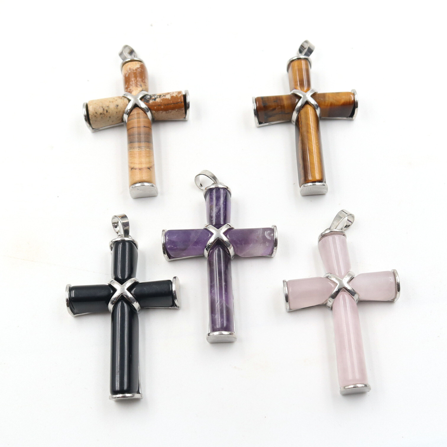 Natural Crystal Healing Gems Cross Pendant Necklace Chakra Amulet Energy Reiki