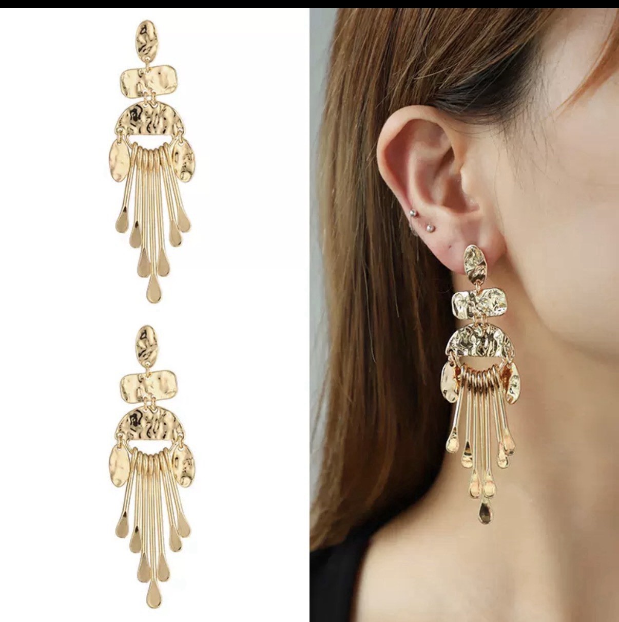 Gold Tone Hammered Dangle Drop Earrings Metal Butterfly Closure 9.1cm 2.3cm