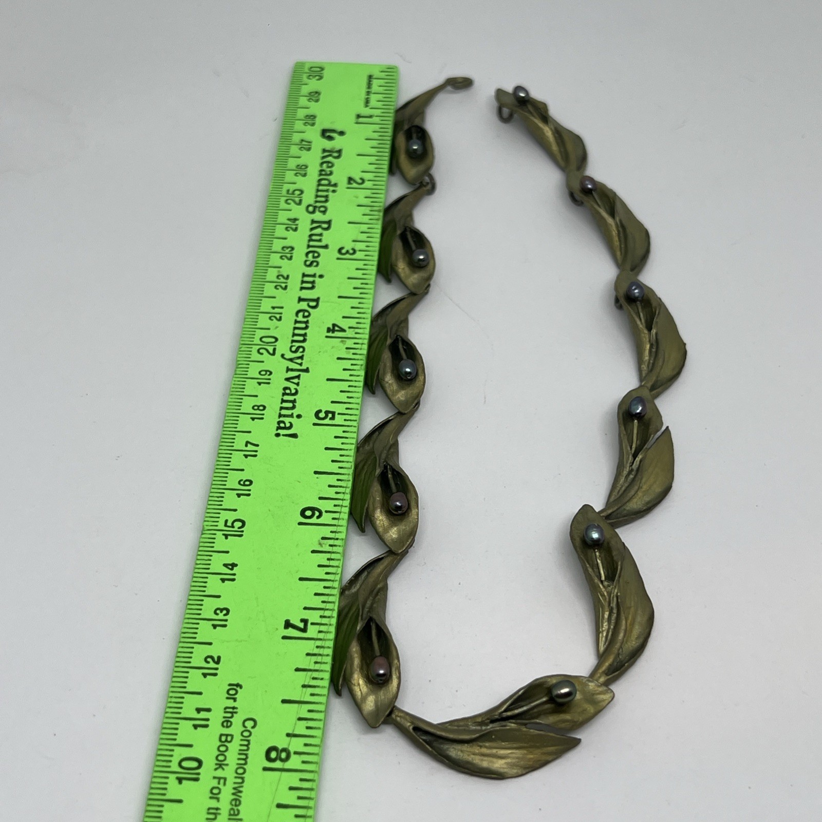 Unsigned Michael Michaud Hosta Leaf Peacock Pearl Choker Collar Necklace Bronze