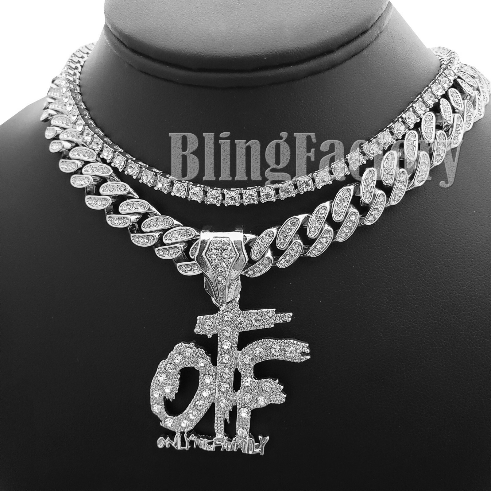 Hip Hop Only The Family OTF & 18″ Full Iced Cuban & 1 Row Choker Chain Necklace