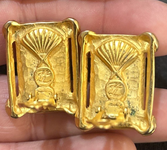 Vintage Karl Lagerfeld Gold Plated Orange Marbled Resin Clip On Earrings