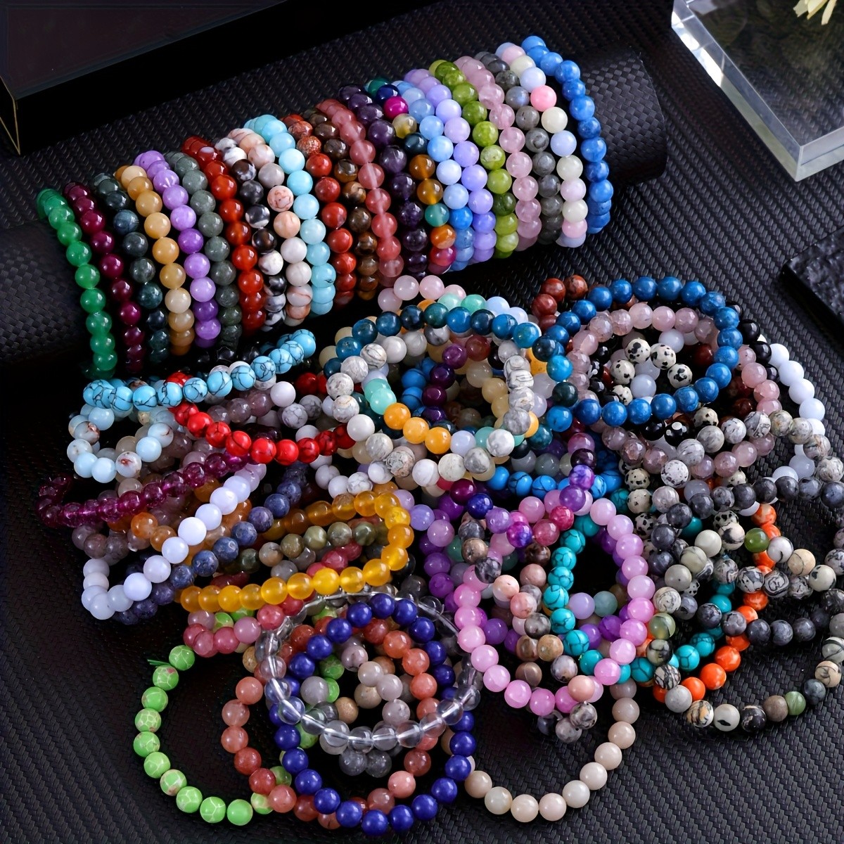 17Pcs Stone & Glass Bead Bracelet Bulk Elastic Set for Men Women Daily Wear Gift