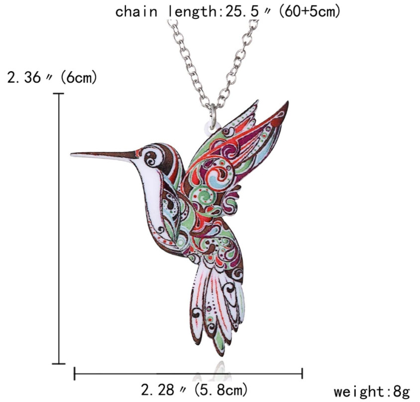 Colorful Acrylic Hummingbird Charm Pendant Necklace w/ Chain Bird Theme