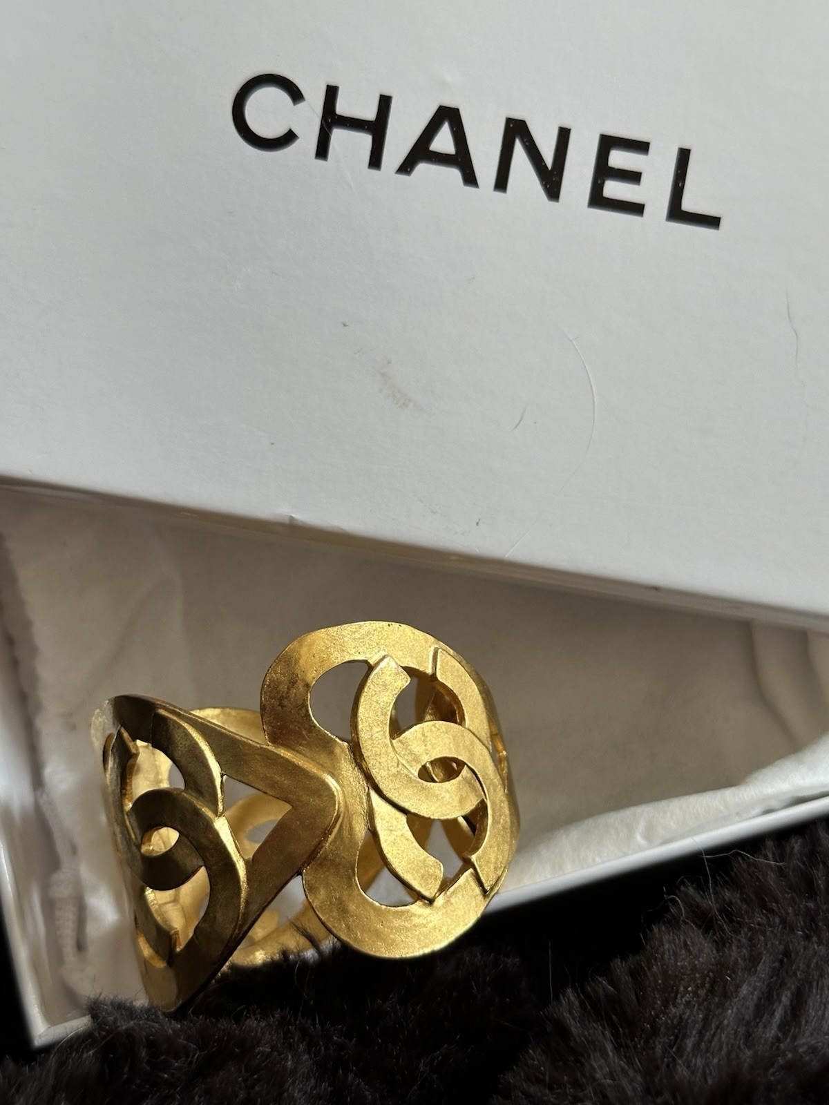 CHANEL Vintage Gold Cuff Bracelet Logo Hinged 96 P Made in France