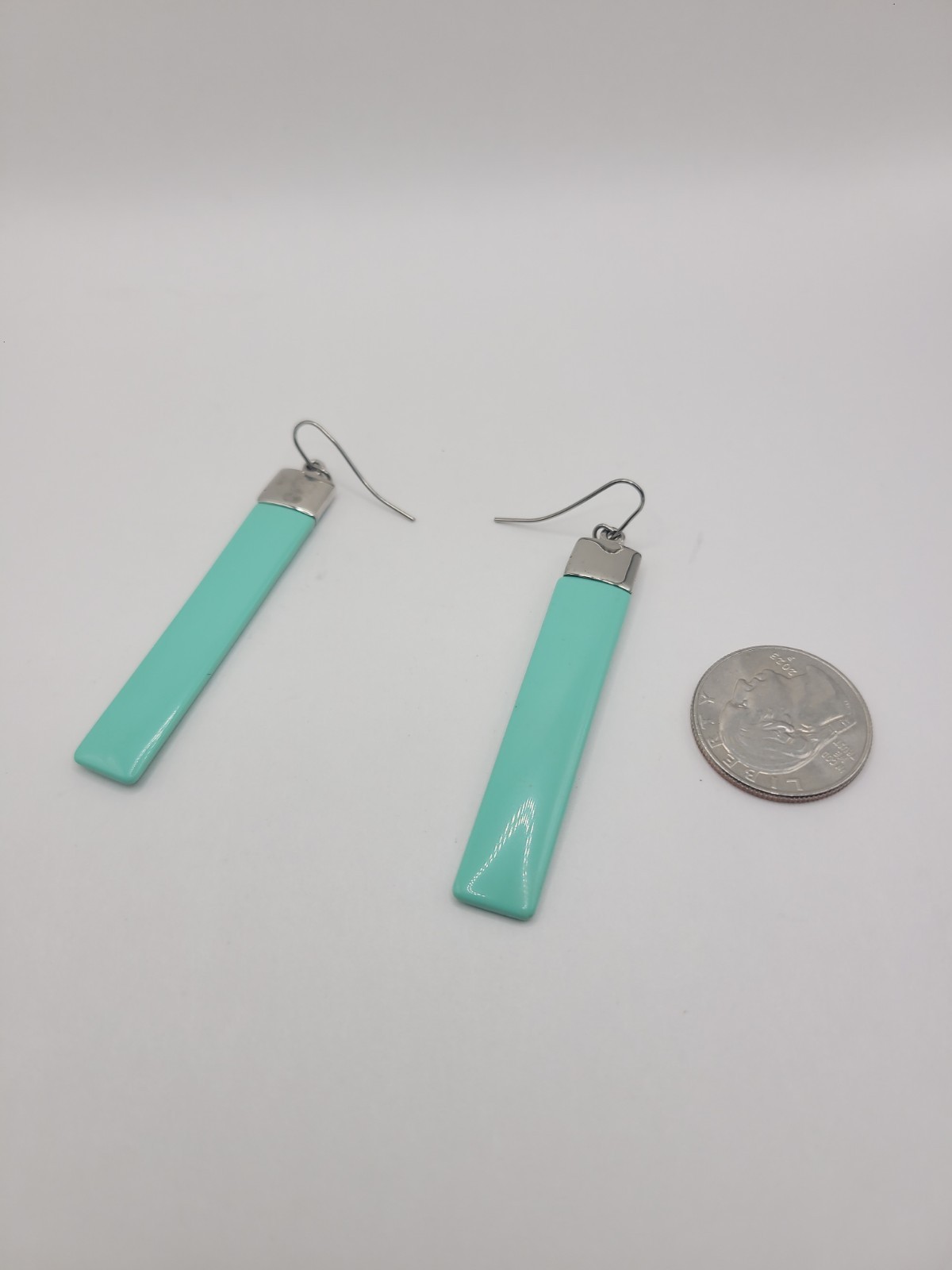 Modern Blue-Green Bar Dangle Earrings Silver Tone Minimalist Geometric Long Drop