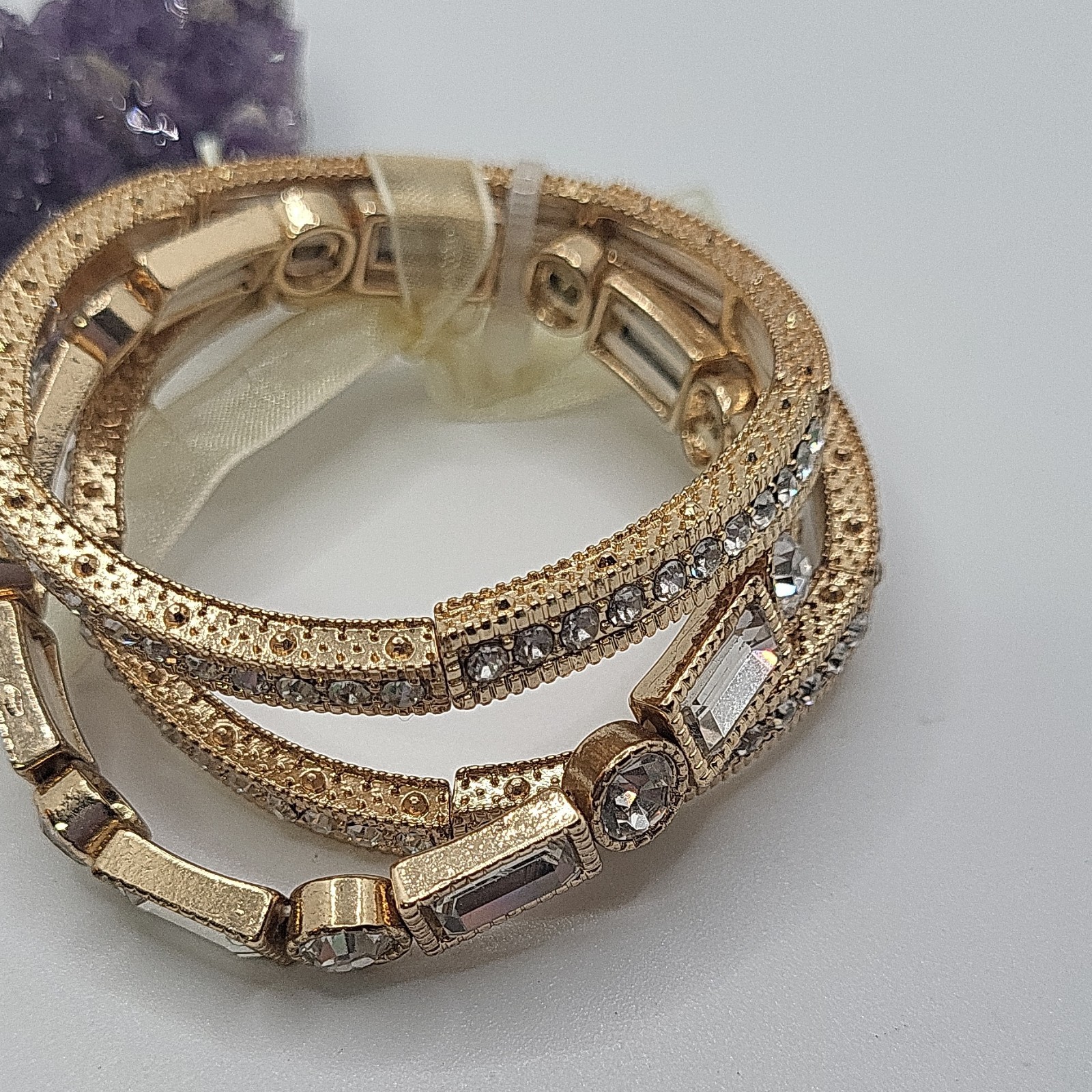 Gold Tone Hinged Bangle Bracelet Set, Stackable Clear Baguette Rhinestones