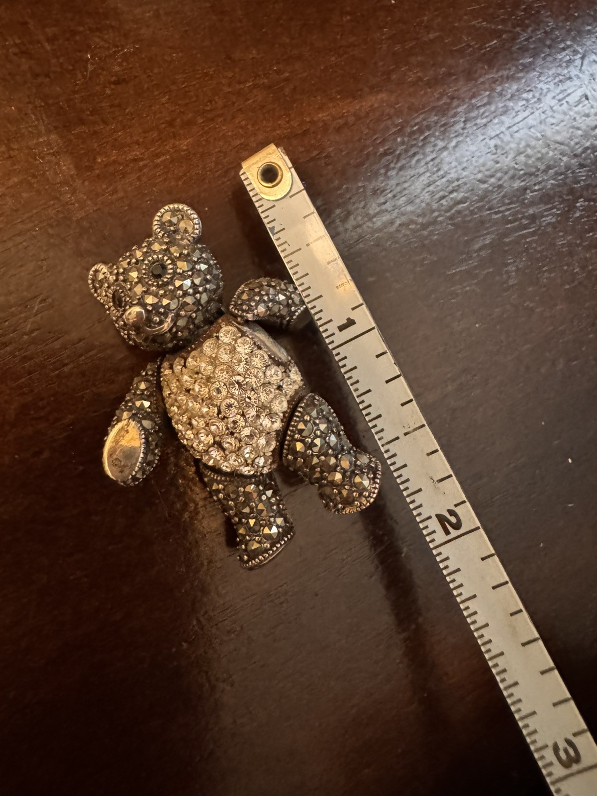 A925 STERLING SILVER MARCASITE TEDDY BEAR MOVEABLE PIN BROOCH BLACK CRYSTAL EYES