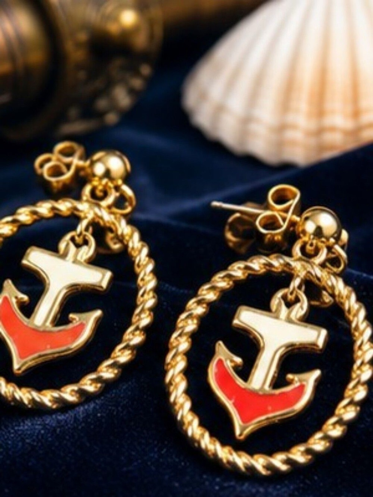 Vintage Avon Nautical Anchor Drop Earrings Gold Tone Red White Enamel Rope Hoop