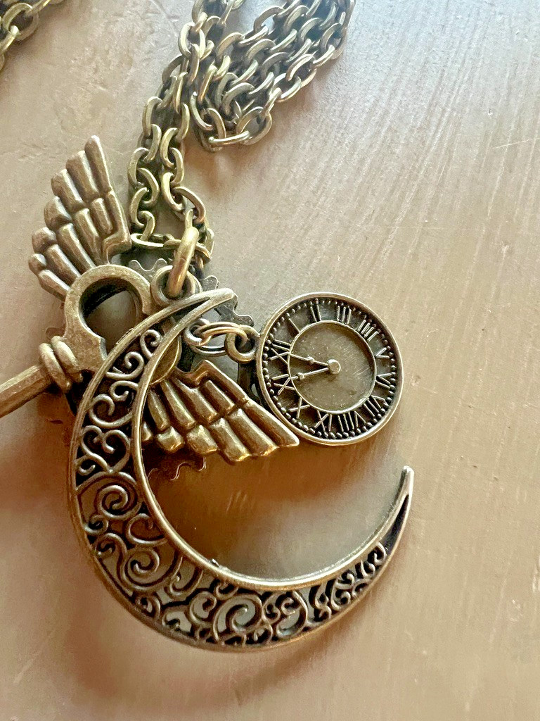Whimsical Steampunk Charm Necklace Key Wing Clock Pendant Long