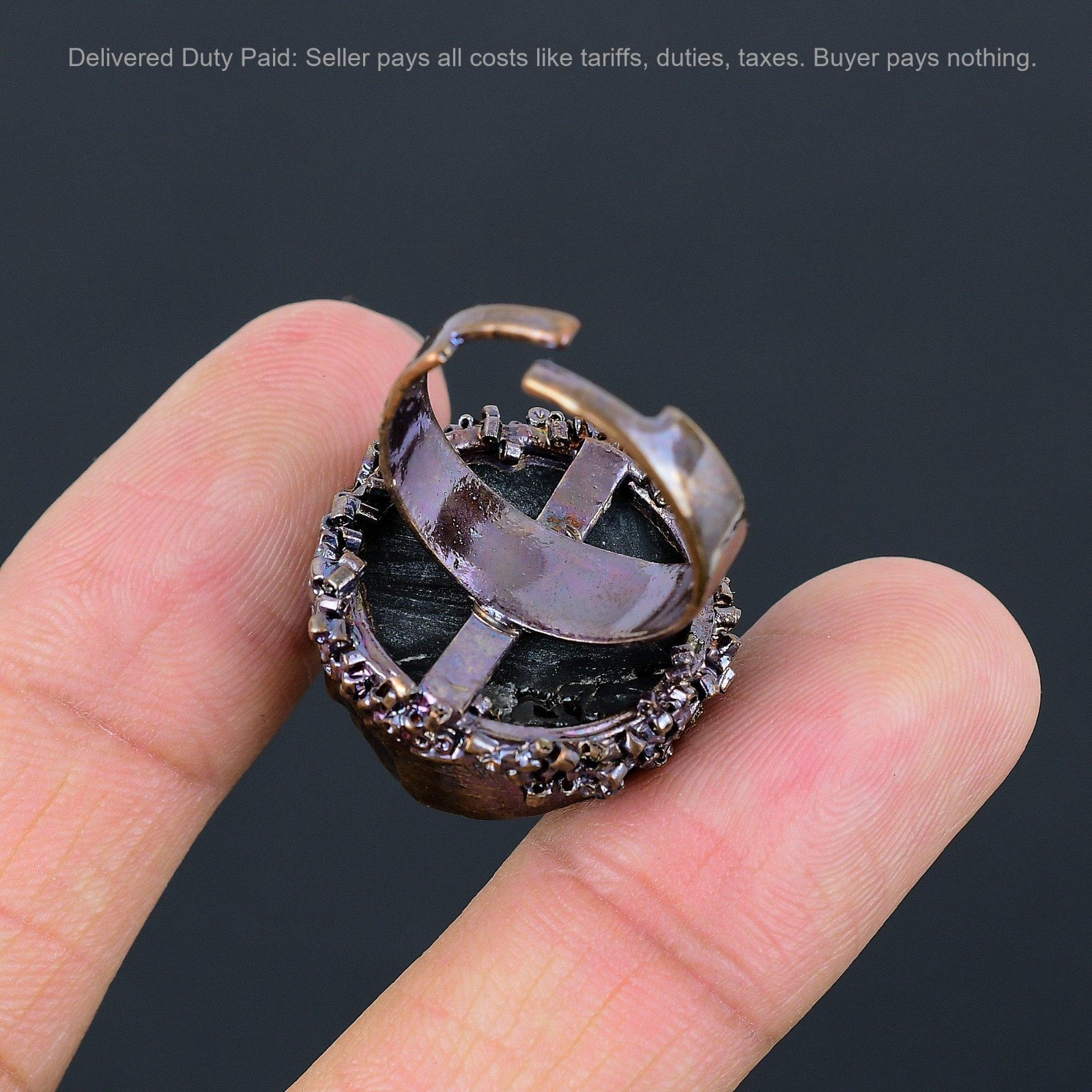 Copper Black Tourmaline Rough Stone Solitaire Electroformed Artisan Ring Jewelry