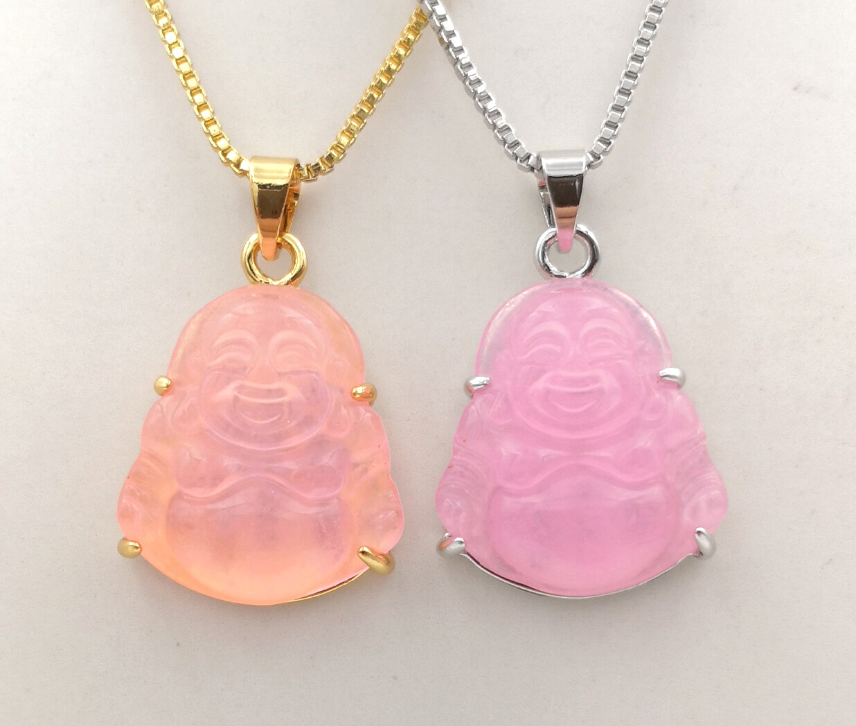 Green Multicolor Jade Laugh Maitreya Buddha 18KGP Lettering Pendant Necklace