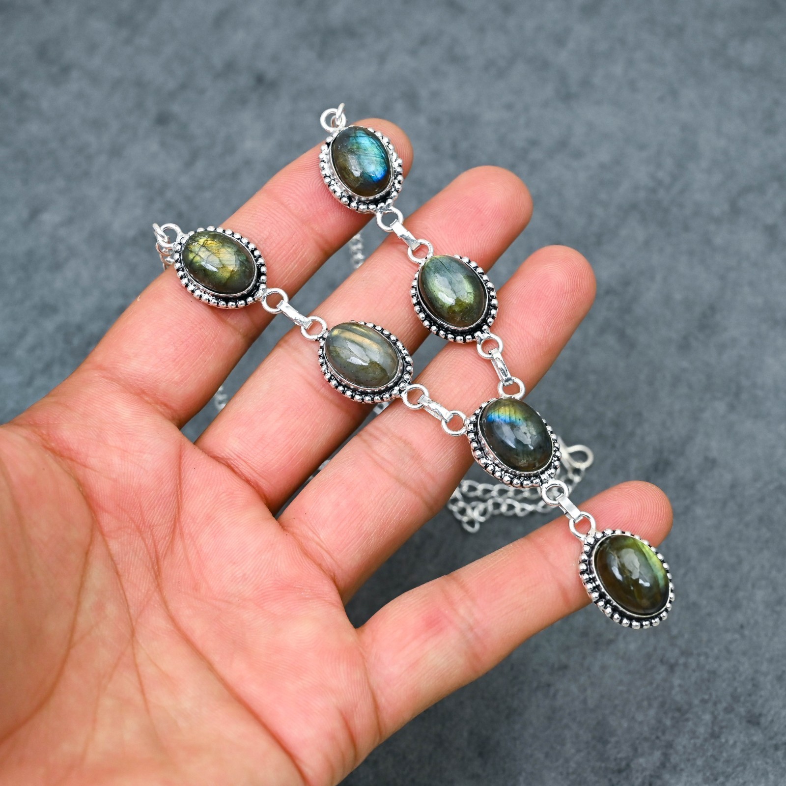 Silver Plated Labradorite Y-Necklace | Multi-Stone Milgrain Cabochon | Artisan