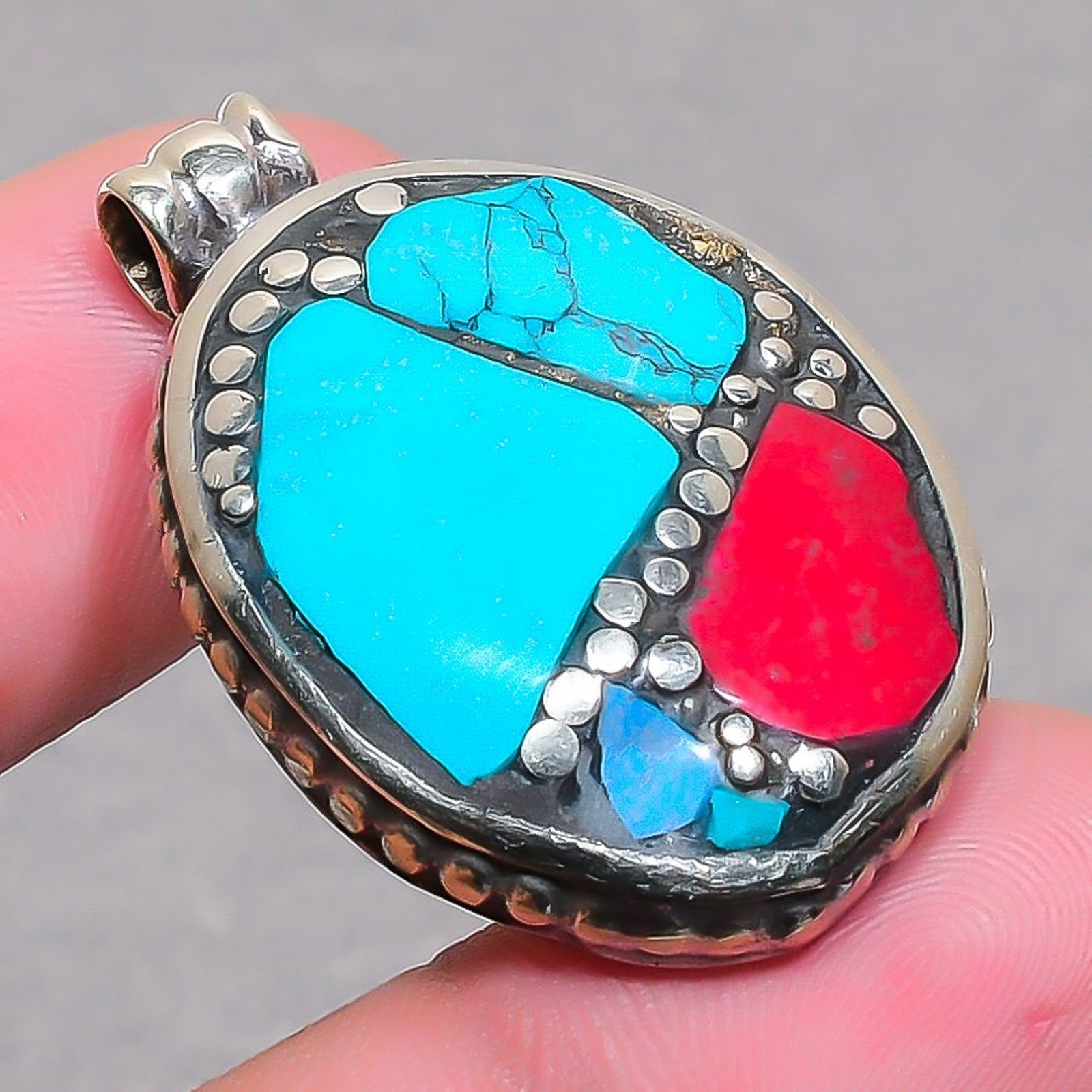 Turquoise Red Coral Gemstone Pendant Handmade Tibetan Nepal Jewelry 1.6″ NP 2382