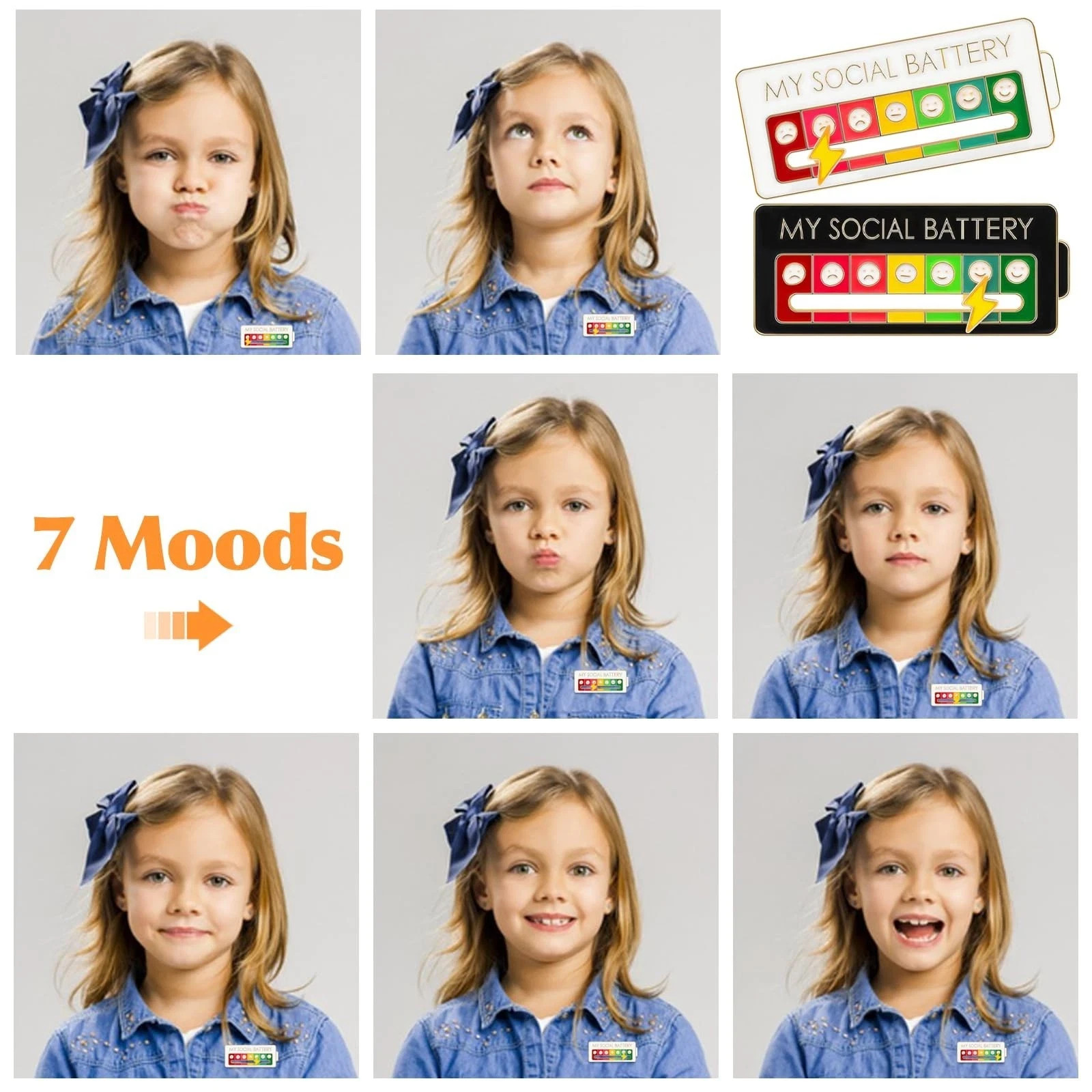 Funny Social Battery Slider Pin – 7-Mood Expression Badge, Cute Interactive Pin