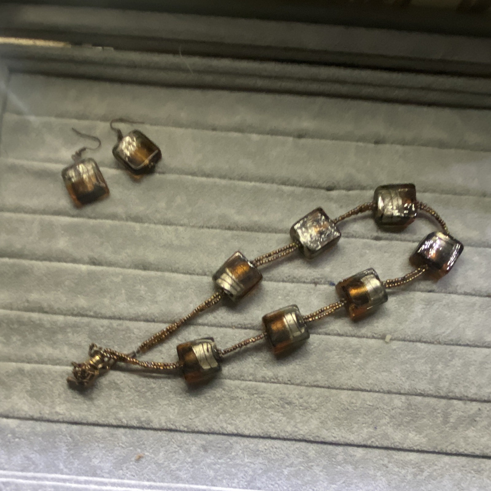 Silver Tone Square Glass Bead Necklace & Dangle Earrings Jewelry Set Brown/Clear