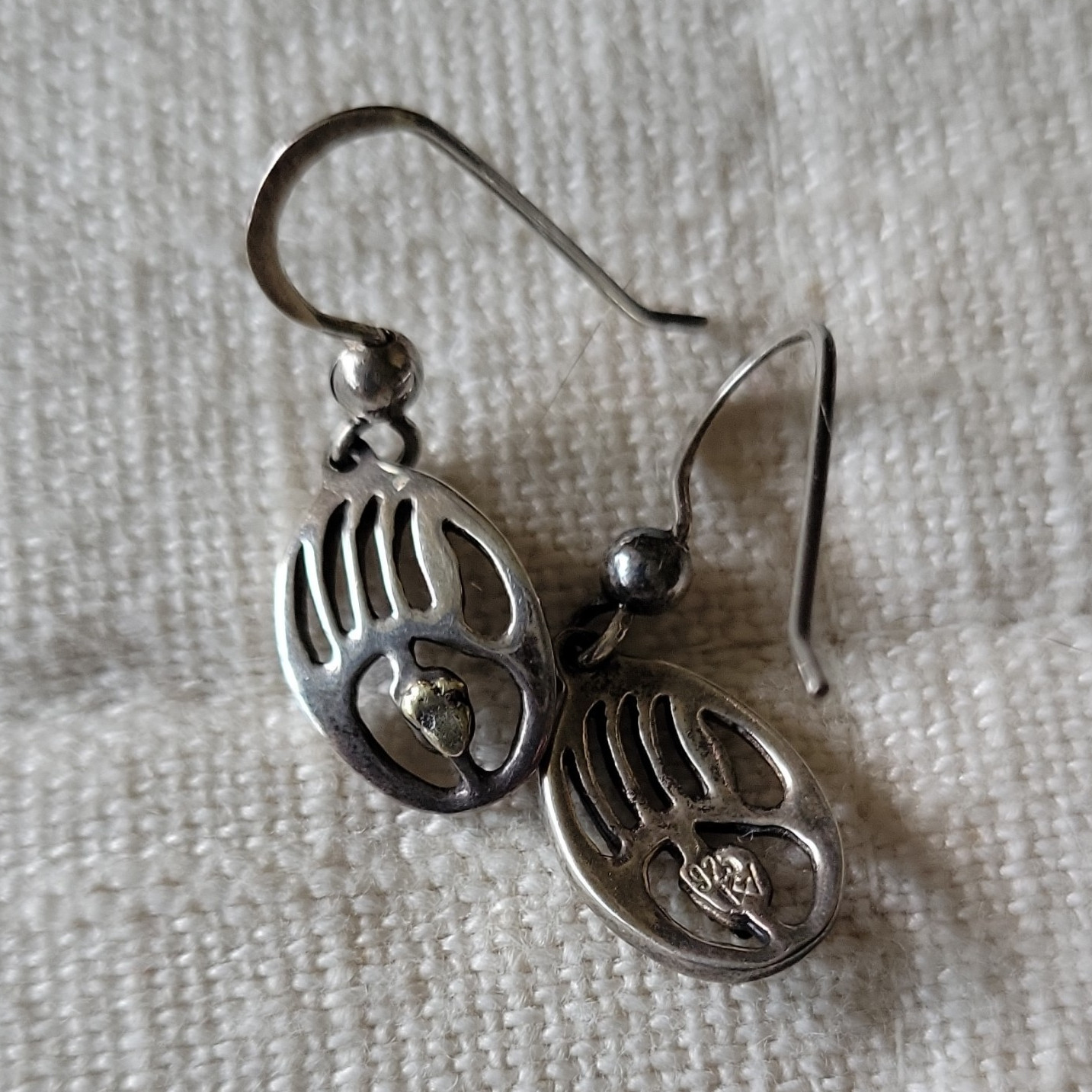 Vintage Native American 925 Sterling Silver Bear Paw Dangle Earrings