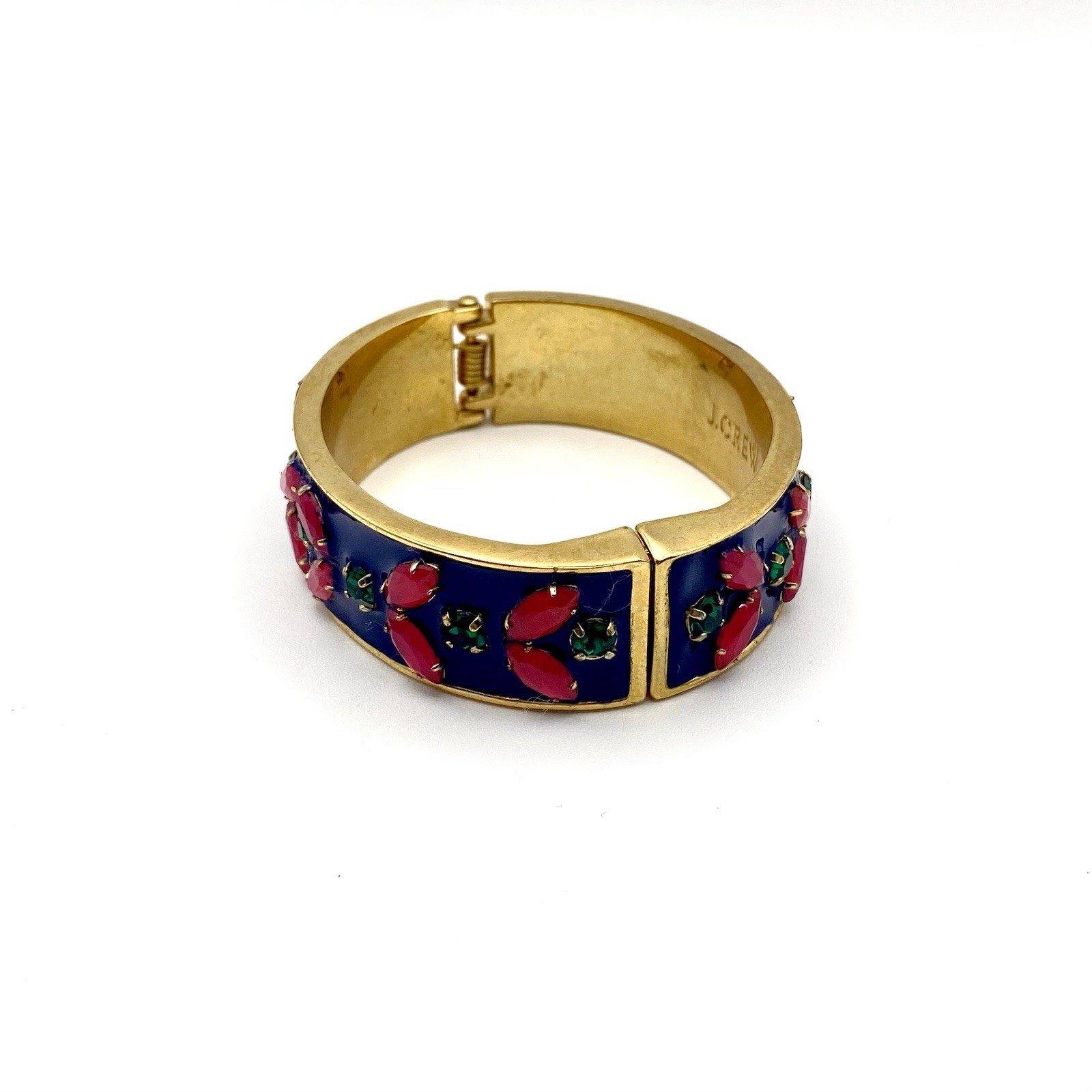 J Crew Gold Tone Blue Enamel Bangle Bracelet Red Green Rhinestones Boho Cottage