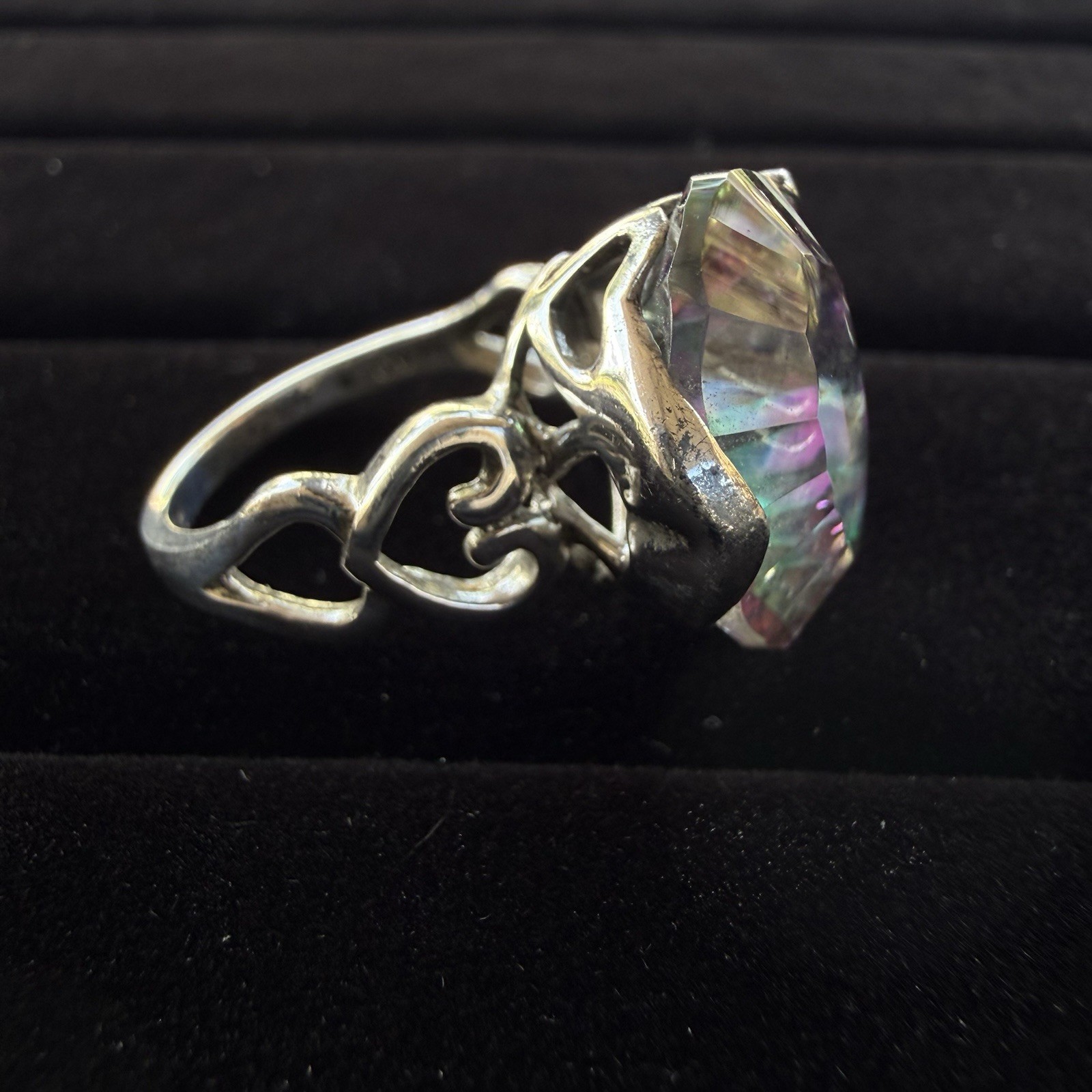 LUCCN Sterling Silver Floral Shank Large Oval Brilliant Mystic Topaz Ring Size 7