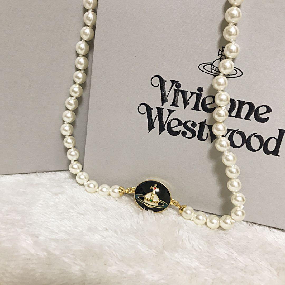 Vivienne Westwood Necklace Enamel Pearl Choker Black x Gold 40cm IN BOX