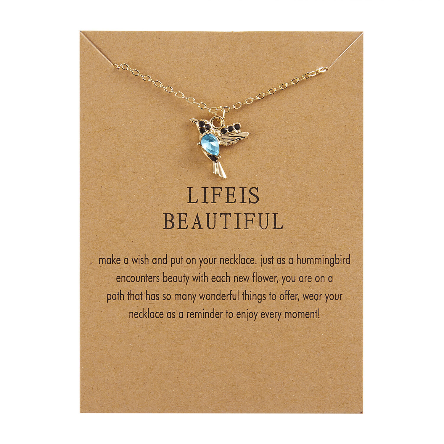 Colorful Blue Crystal Hummingbird Charm Pendant Necklace w/ Chain Bird Theme
