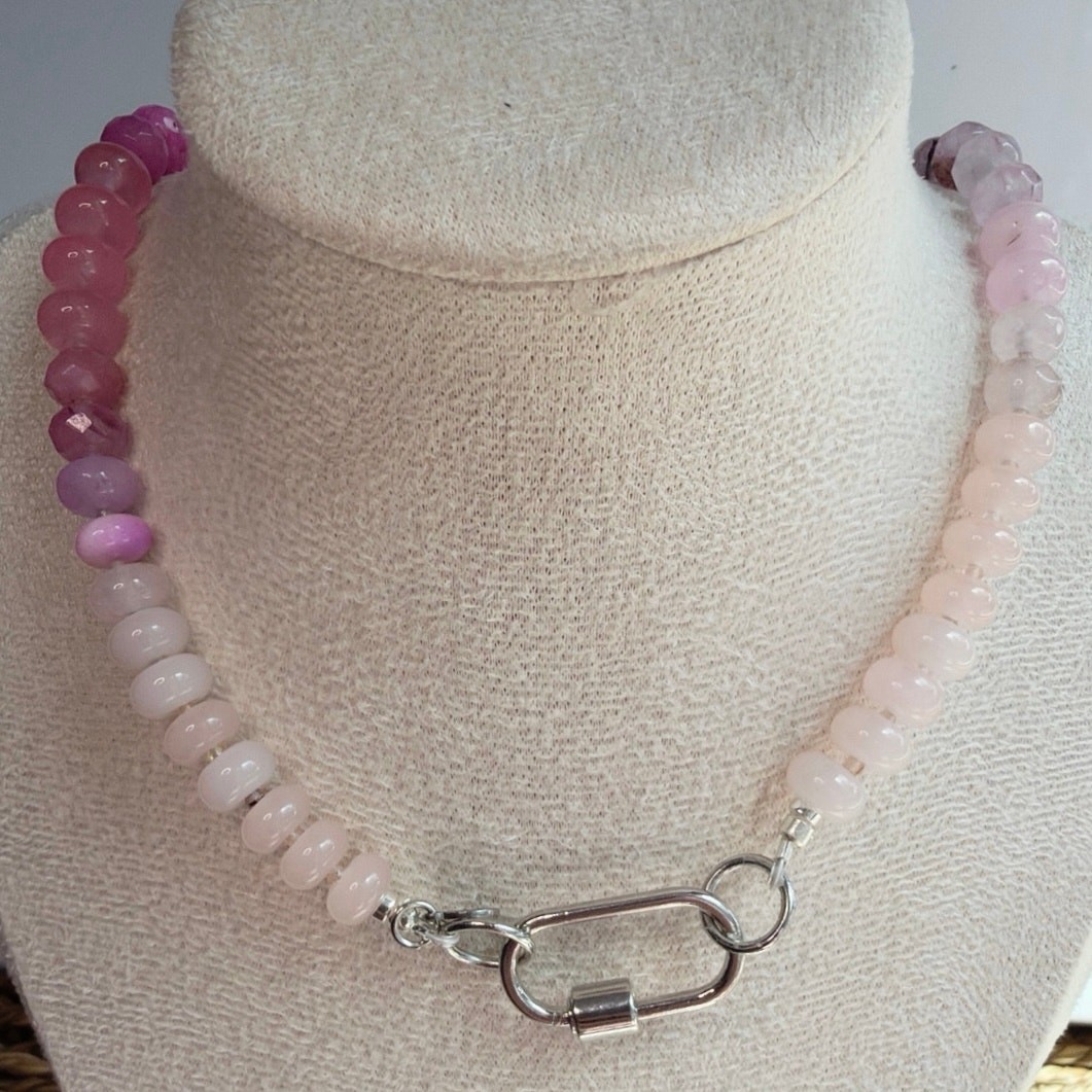 20″ Ombre Pink Gemstone Necklace, Silver Tone Hardware, Quartz, Jade, Agate