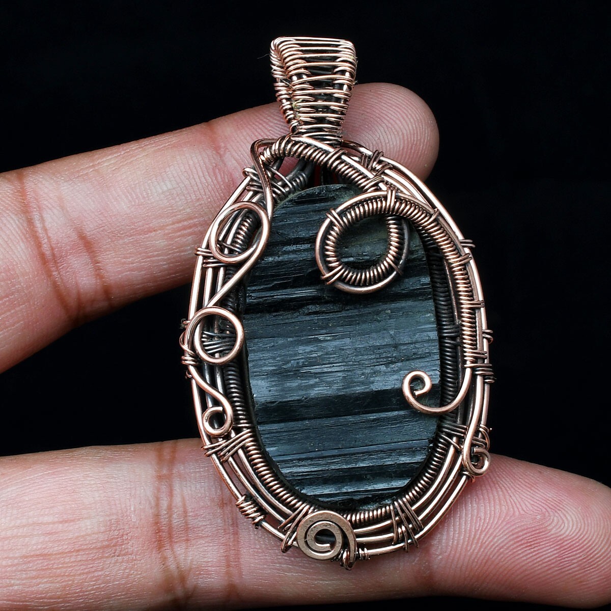 Beautiful Black Tourmaline Gemstone Handmade Copper Wire Pendant Jewelry CCP 043