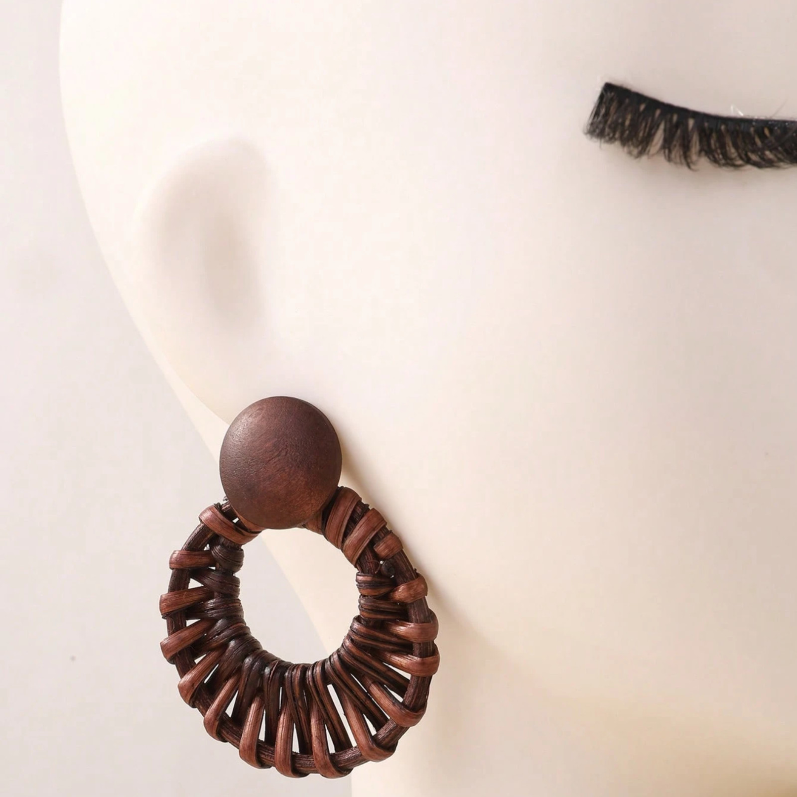 Handmade Earrings Woven Rattan Hollow Circle & Natural Wood Design Ear Studs