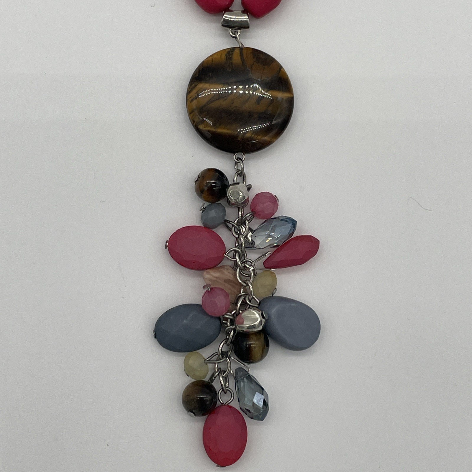 C1946 Multicolor Beaded Necklace Pendant With Silver Tone Spacers & Brown Cord