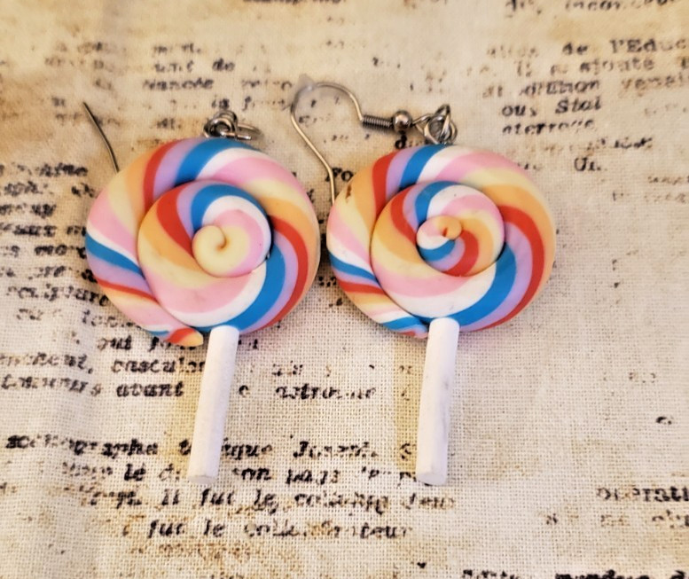Y2K, Quirky, Whimsical, Dangling Small Lollipop Earrings – Rainbow Swirls