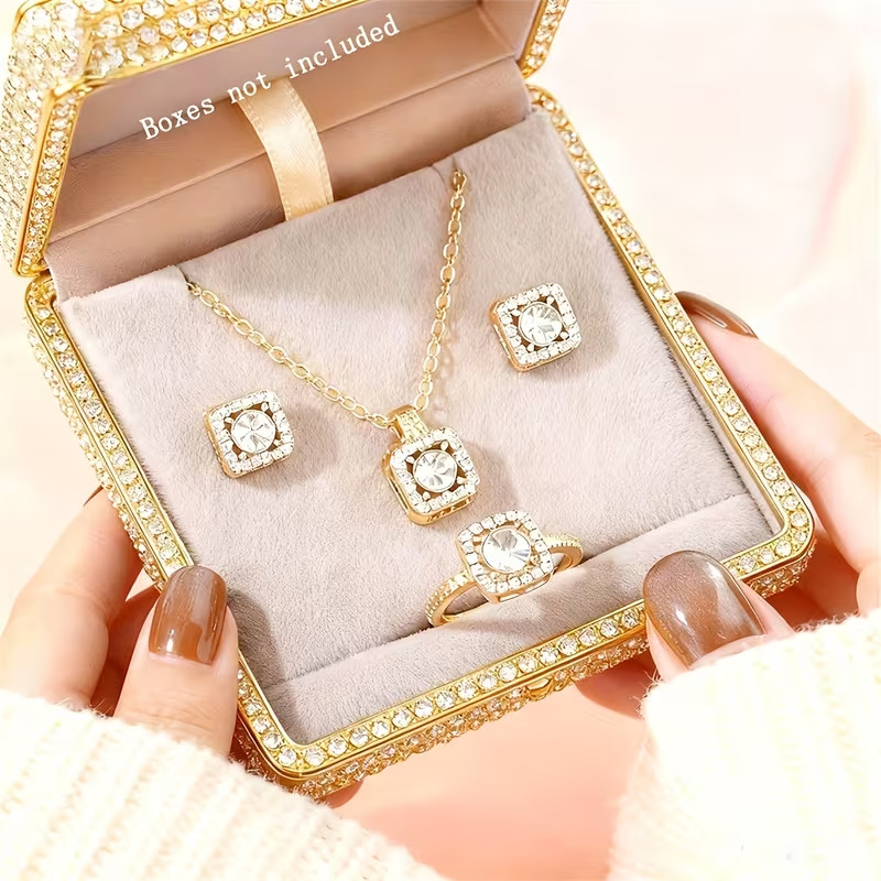 4PCS Cubic Zirconia Jewellery Set Necklace Earrings Ring Daily wear Wedding Gift