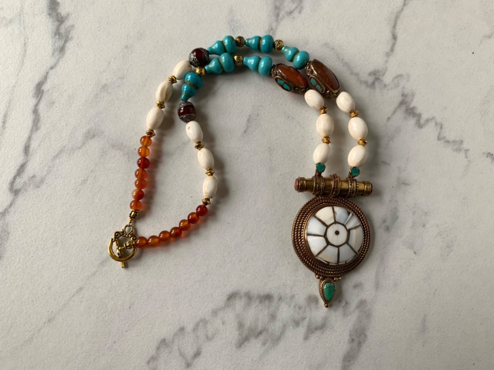 Tibetan Brass & Naga Conch Dharma Wheel, 20 ” Necklace 25