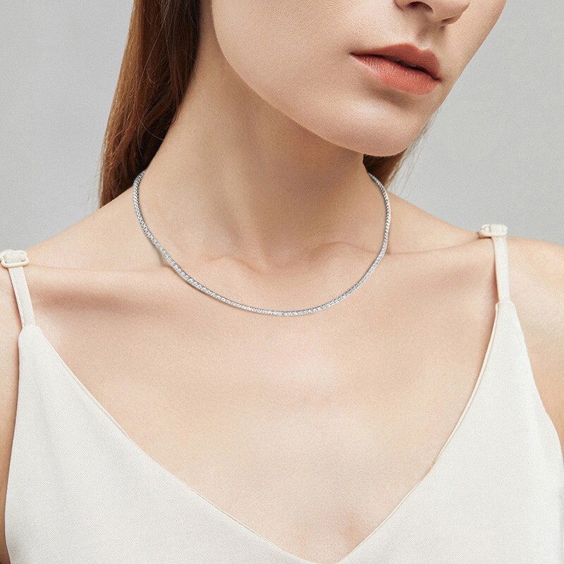 2mm D Color Moissanite Tennis Chain Necklace S925 Silver Women Adjustable Choker