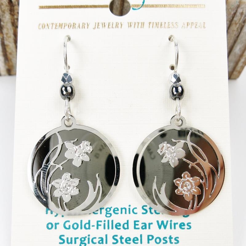 Adajio Earrings Shiny Black Hematite Disc Shiny Silver Tone Daffodil in Circle