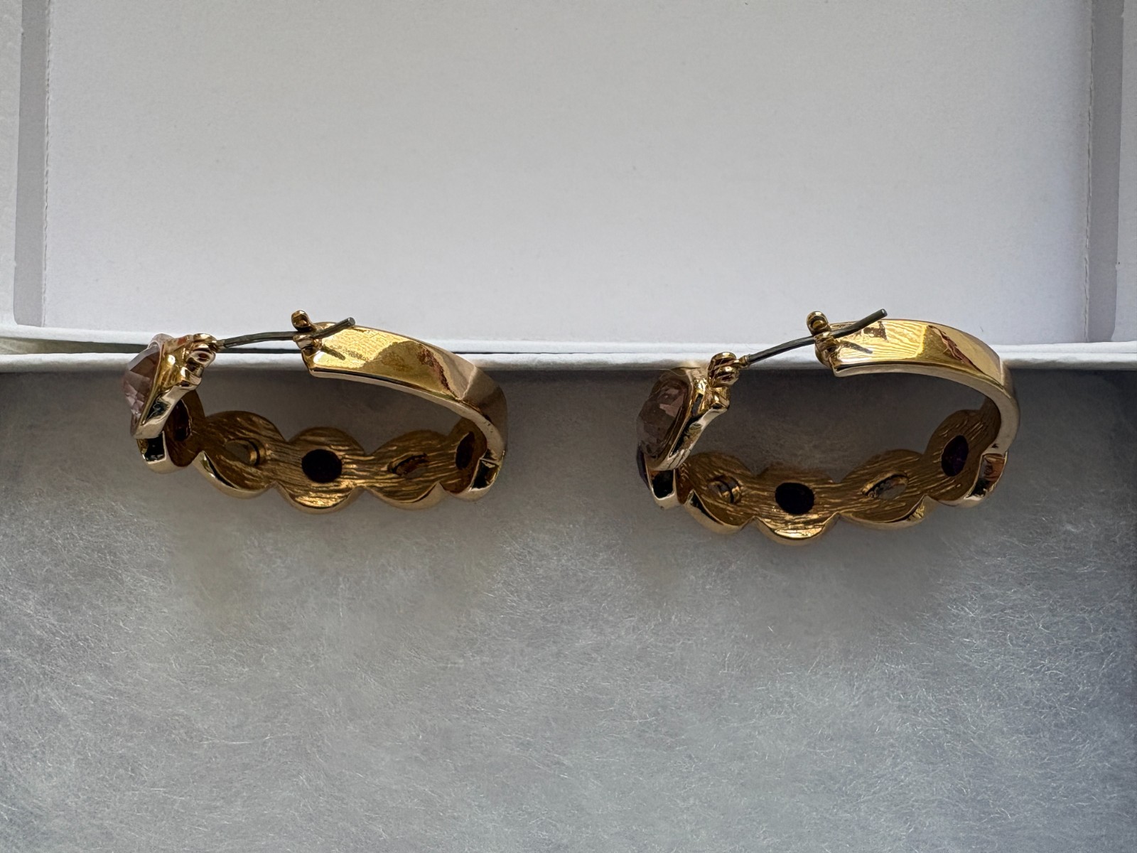 Gold Tone Pierced Hoop Earrings with Purple and Clear Stones 4″