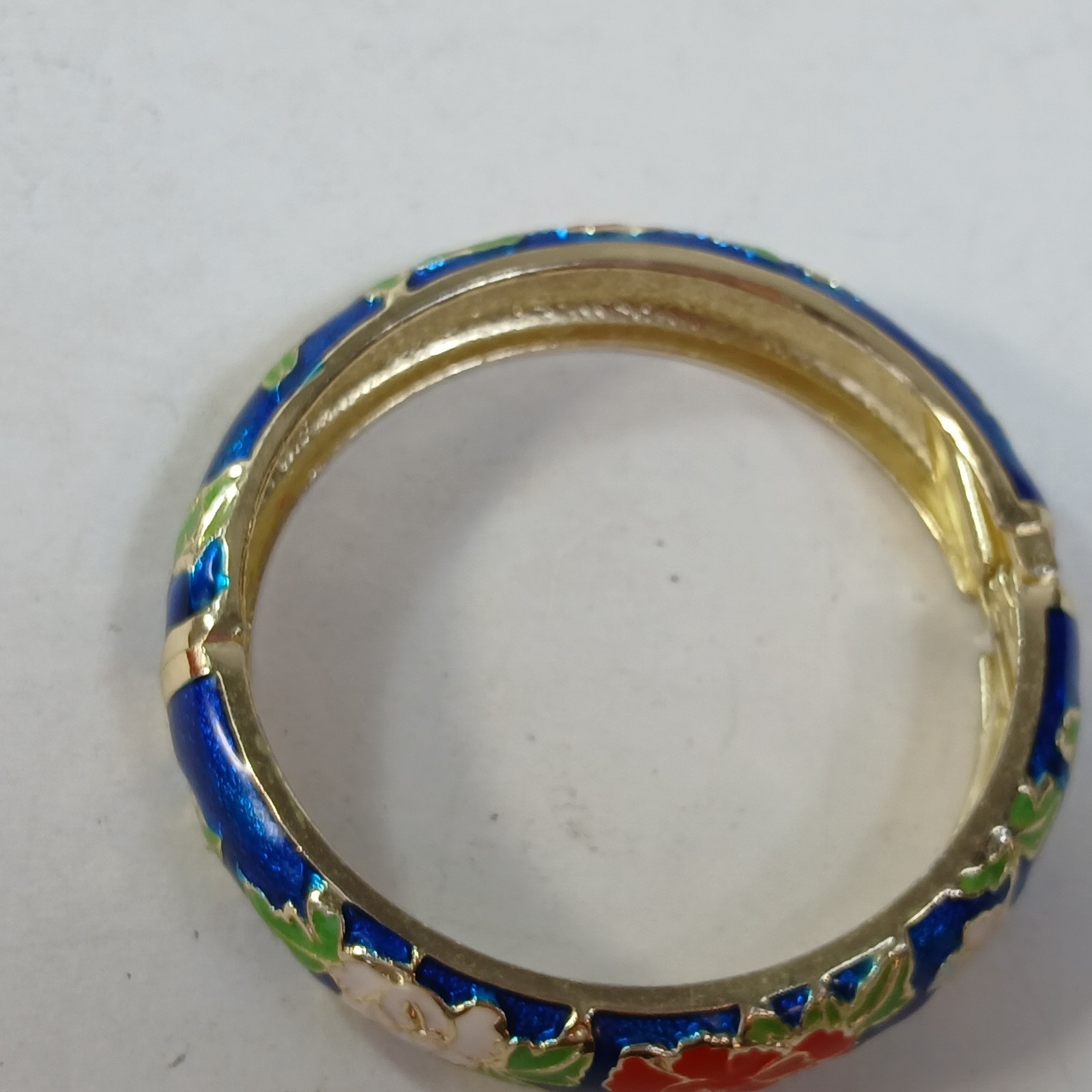 Signed Jiu Long Xing Blue Cloisonné Hinged Bracelet Enamel, Blue Bangle Floral